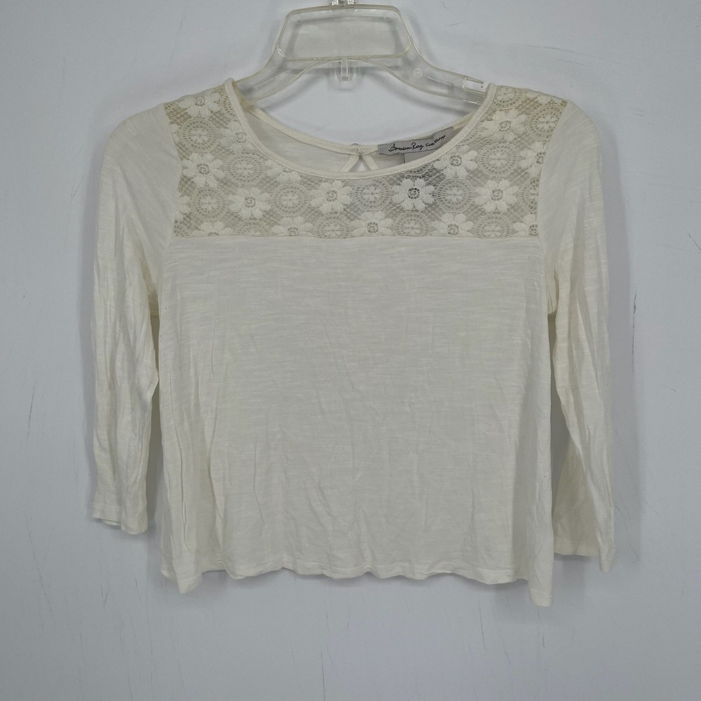 American Rag Cie Women's Ivory Lace Trim Stretch 3/4 Sleeve Slub Knit Top Size S
